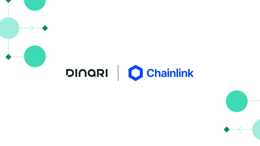 Logos of Dinari and Chainlink side by side on a white background with abstract green design elements.