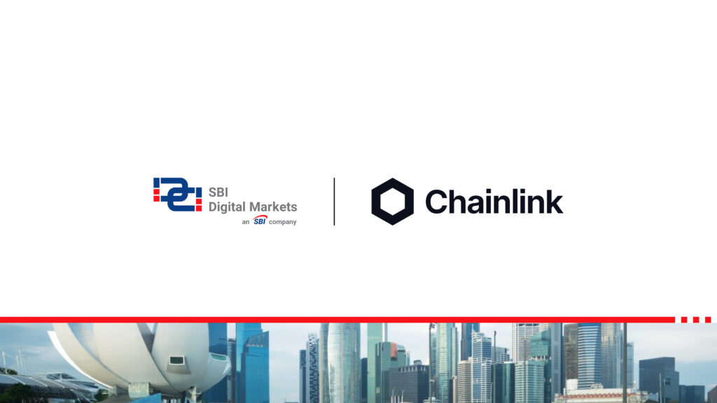 Logos of SBI Digital Markets and Chainlink above a Singapore skyline, representing their strategic integration partnership.