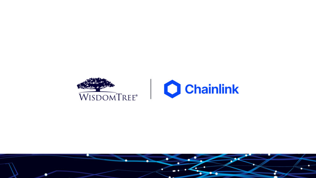 Logos of WisdomTree and Chainlink on a clean banner background, representing the integration announcement.