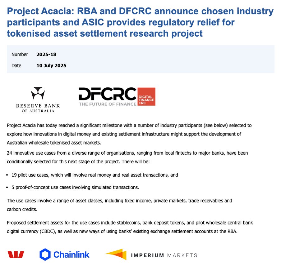 Westpac Institutional Bank and Imperium Markets are implementing Chainlink in Project Acacia