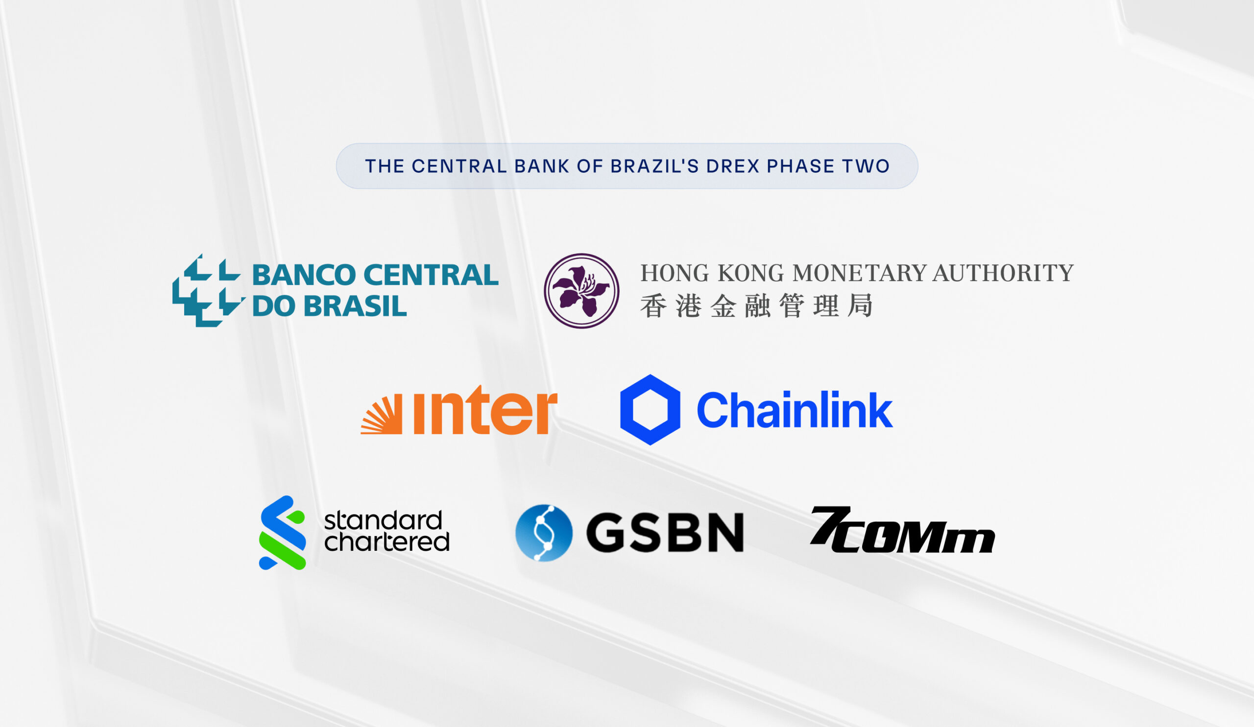 Organizations participating in Phase Two of the Central Bank of Brazil’s Drex project, including Banco Central do Brasil, Hong Kong Monetary Authority, Banco Inter, Chainlink, Standard Chartered, GSBN, and 7COMm.